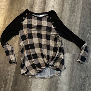 Maurices Black and Beige Plaid Long Sleeve  Knotted Top